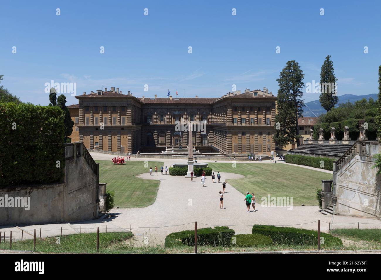 the boboli gardens park (giardino di boboli),fountain of neptune and a distant view on the palazzo pitti,in english sometimes called the pitti palace,in florence,italy. popular tourist attraction and destination. Stock Photo
