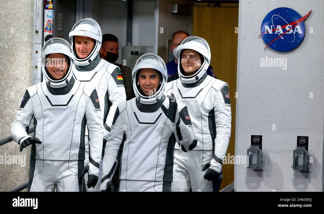 Kennedy Space Center, USA. 11th Nov, 2021. The astronauts of the NASA/Space-X Crew-3 mission depart for Launch Complex 39-A for liftoff of the new Crew Dragon spacecraft Endurance aboard a Falcon 9 rocket, on Wednesday, Nov. 10, 2021. From left, Tom Marshburn, pilot; Matthias Maurer, mission specialist; Raja Chari, mission commander, and Kayla Barron, mission specialist. (Photo by Joe Burbank/Orlando Sentinel/TNS/Sipa USA) Credit: Sipa USA/Alamy Live News Stock Photo