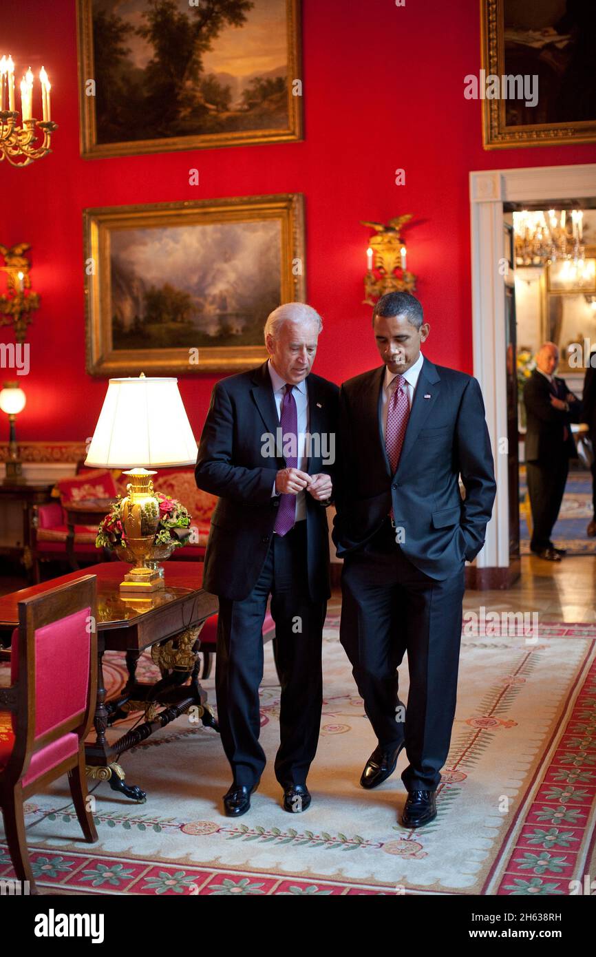 President Barack Obama talks with Vice President Joe Biden in the Red Room of the White House, June 22, 2010. Stock Photo