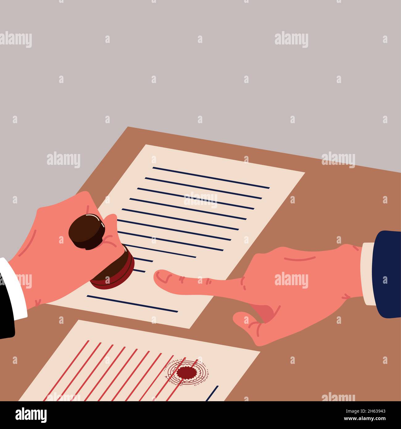 notary service, hand puts the stamp Stock Vector
