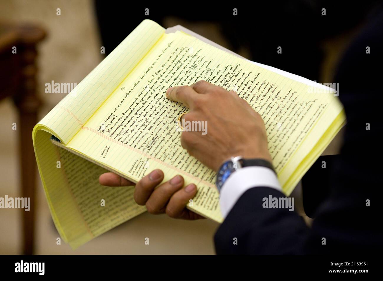 Dec. 9, 2009 - Close-up pictures of a handwritten speech being looked over by President Obama Stock Photo