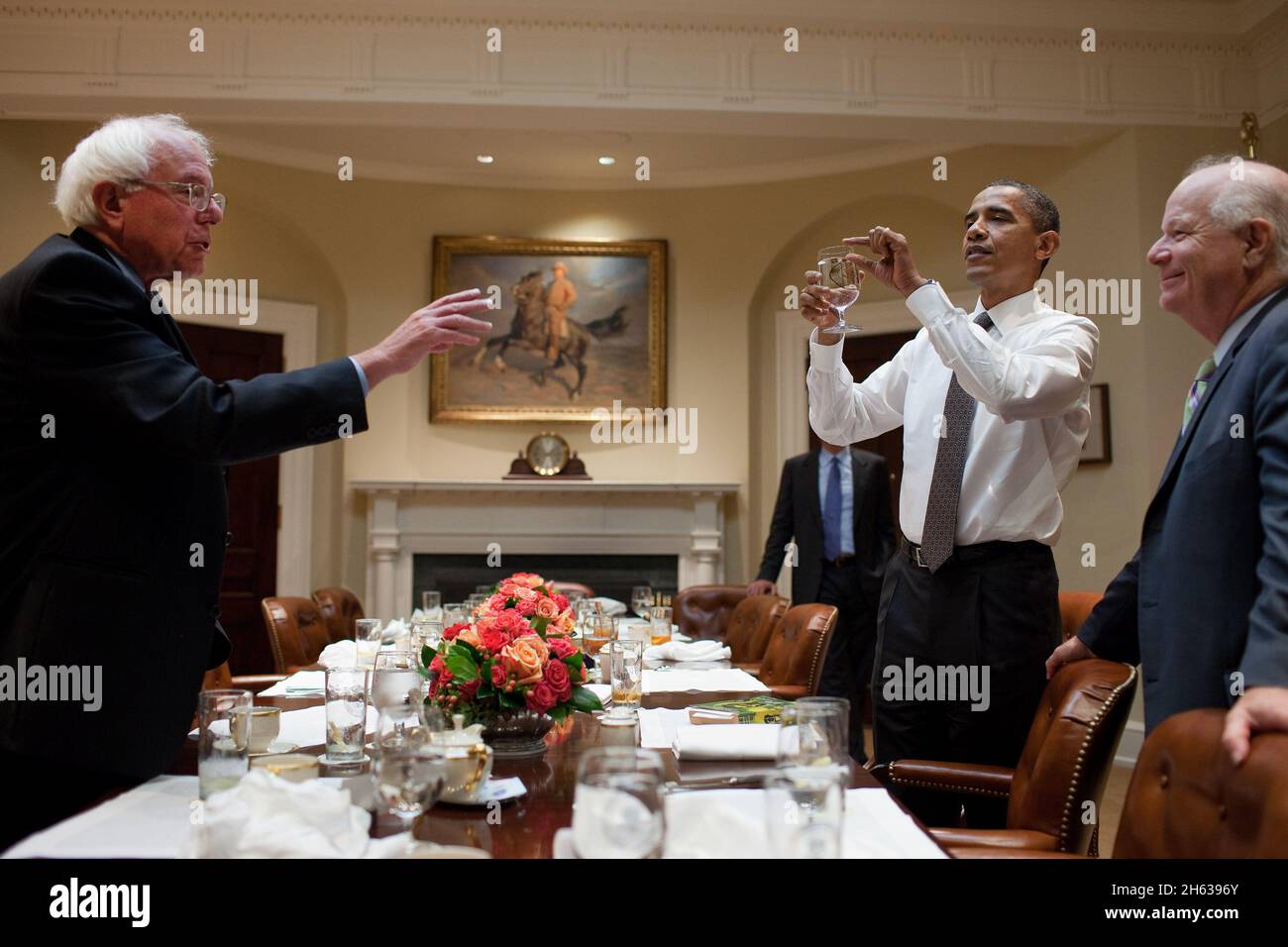 President Barack Obama jokes with Sen. Bernard Sanders, Ind-Vt., and Sen. Ben Cardin, D-Md., right, following lunch with Senators in the Roosevelt Room of the White House, Aug. 4, 2010. Stock Photo