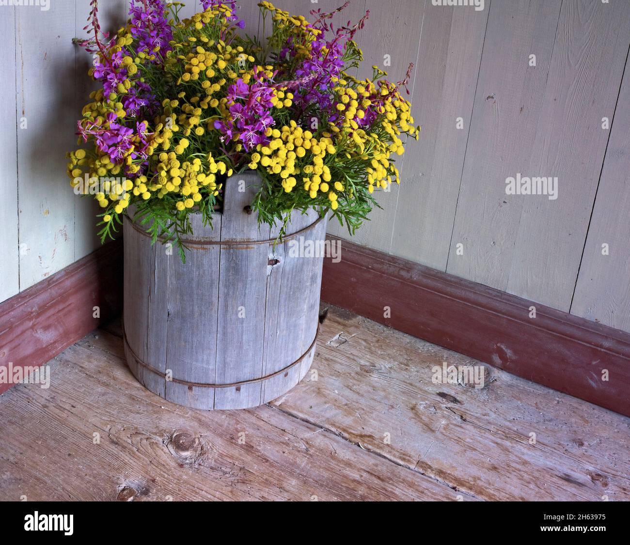 europe,sweden,jämtland province,härjedalen,wooden tub with a bouquet of flowers,fireweed,tansy Stock Photo