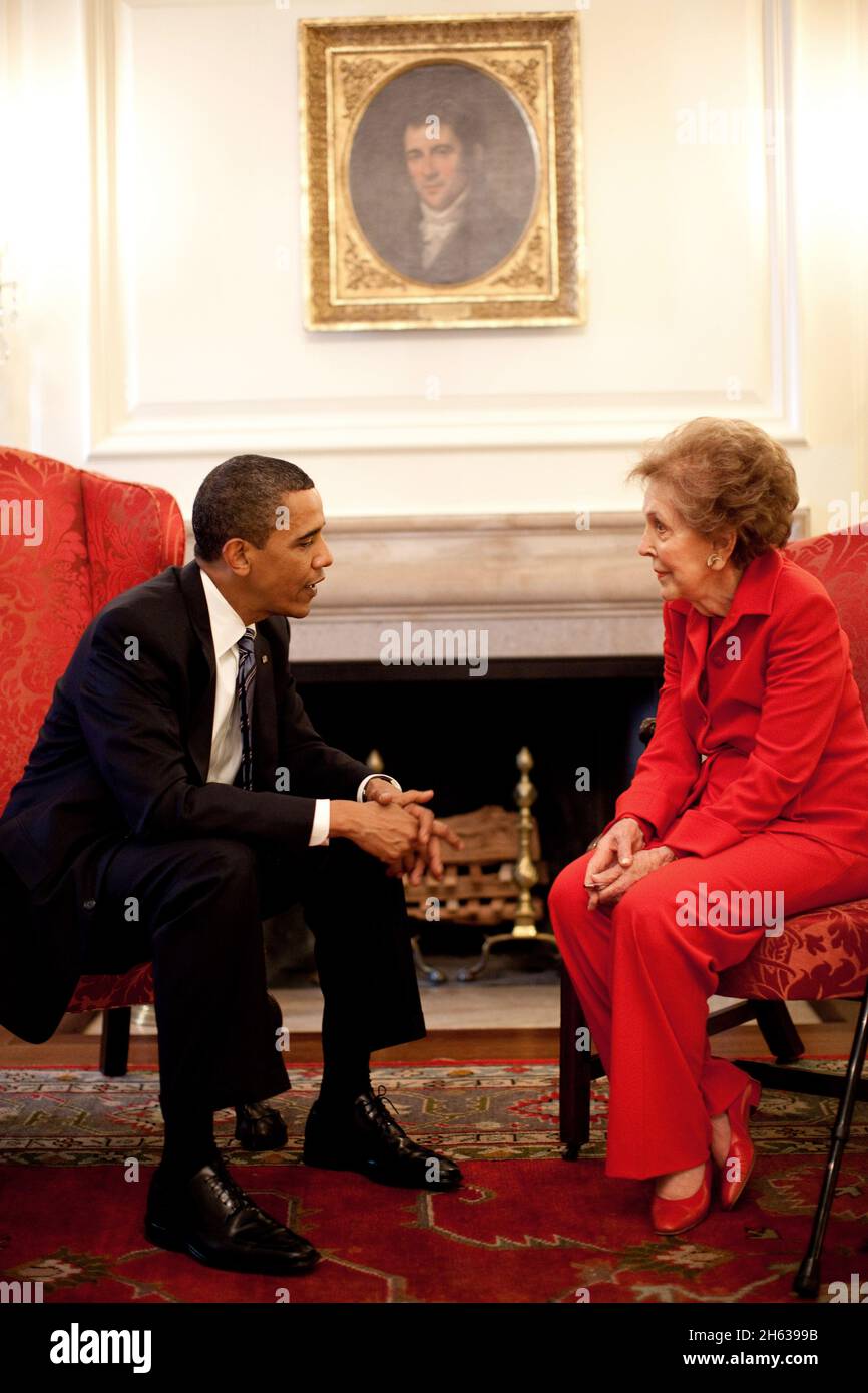 President Barack Obama meets with former First Lady Nancy Reagan prior to a bill signing ceremony in the White House for the Ronald Reagan Centennial Commission Act, June 2, 2009. Stock Photo