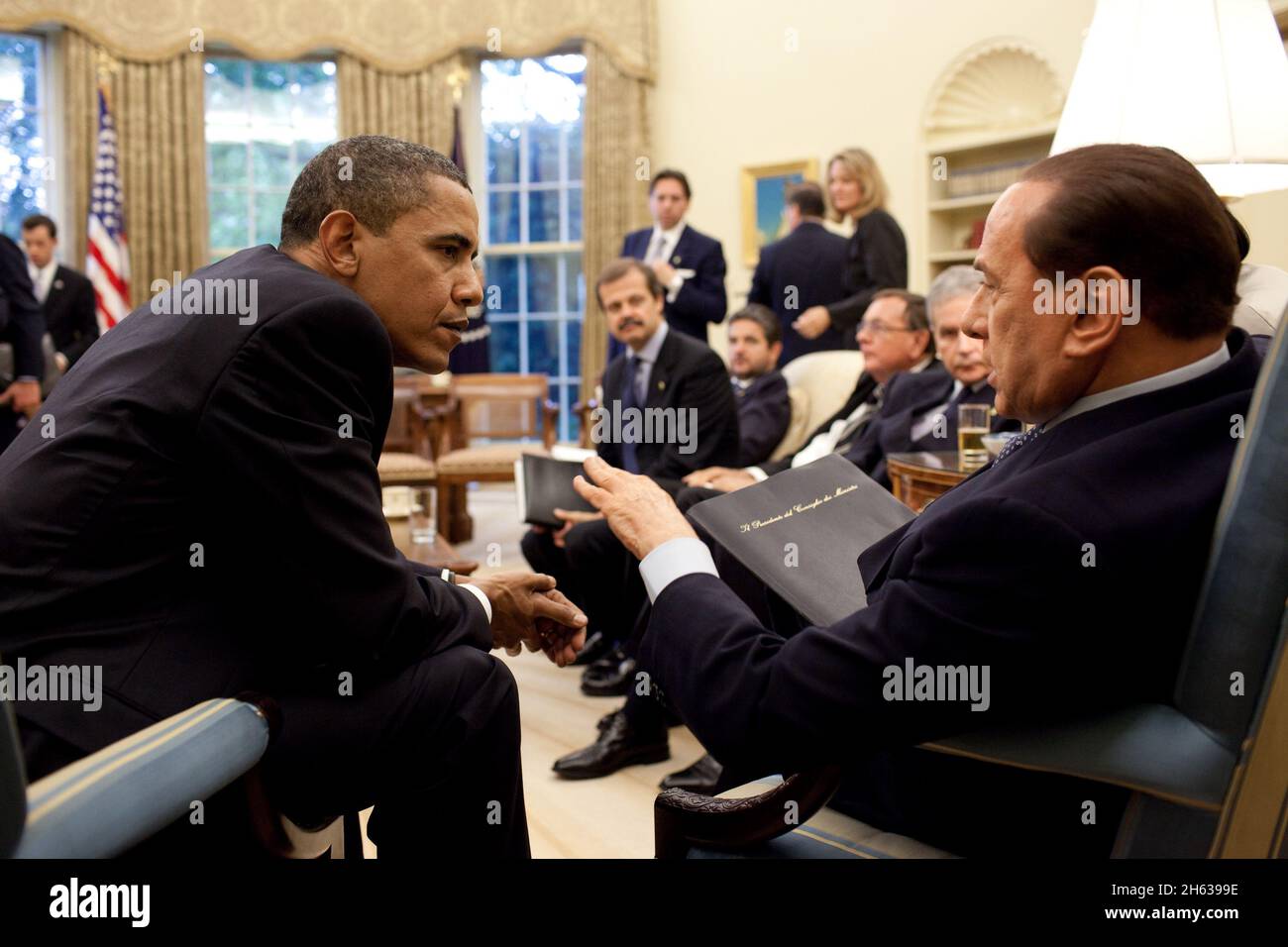 President Barack Obama meets with Italian Prime Minister Silvio Berlusconi in the Oval Office of the White House, June 15, 2009 Stock Photo
