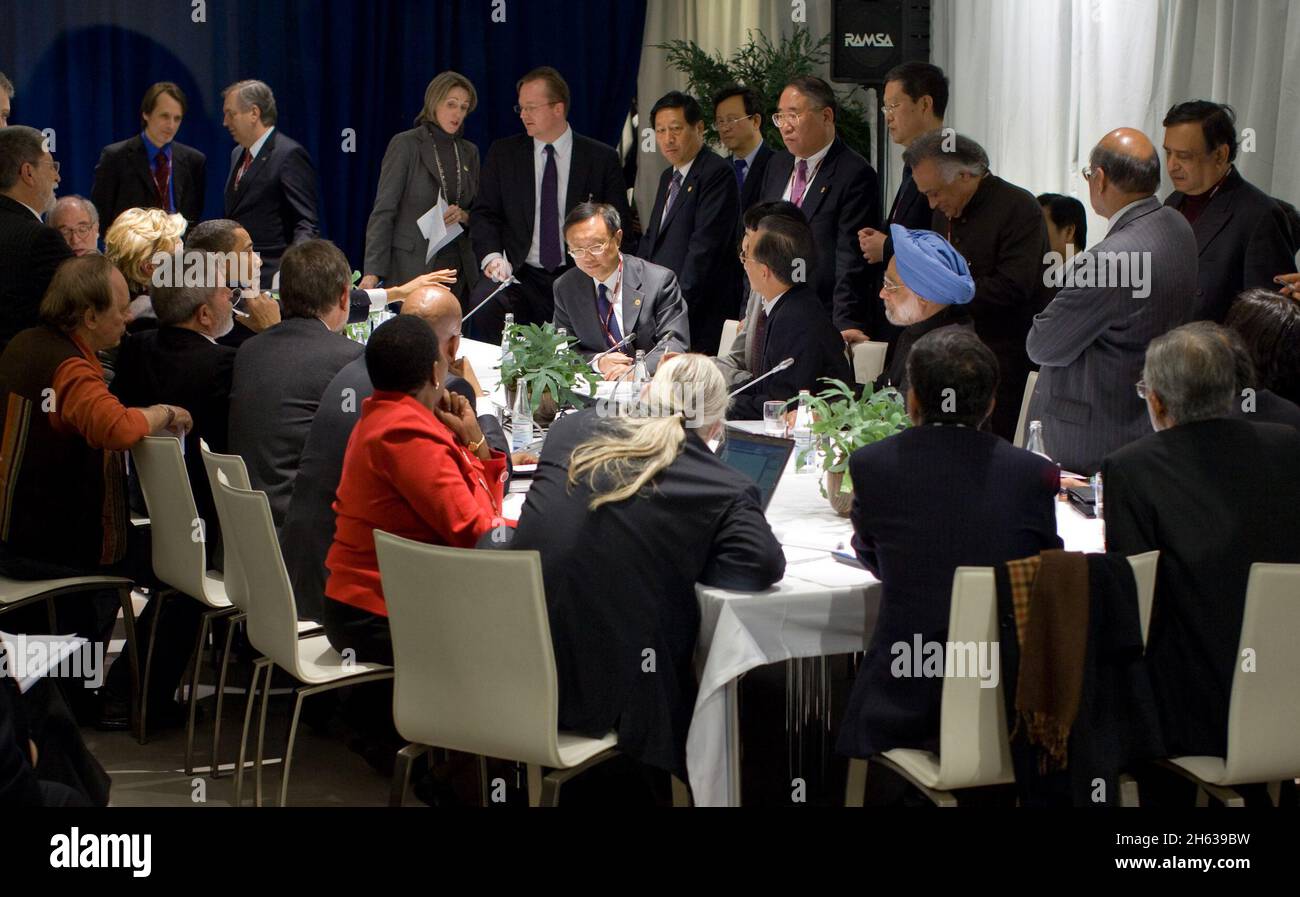 President Barack Obama speaks during a multilateral meeting with Chinese Premier Wen Jiabao, Brazilian President Lula da Silva, Indian Prime Minister Prime Manmohan Singh, and South African President Jacob Zuma during the United Nations Climate Change Conference in Copenhagen, Denmark, Dec. 18, 2009. Stock Photo