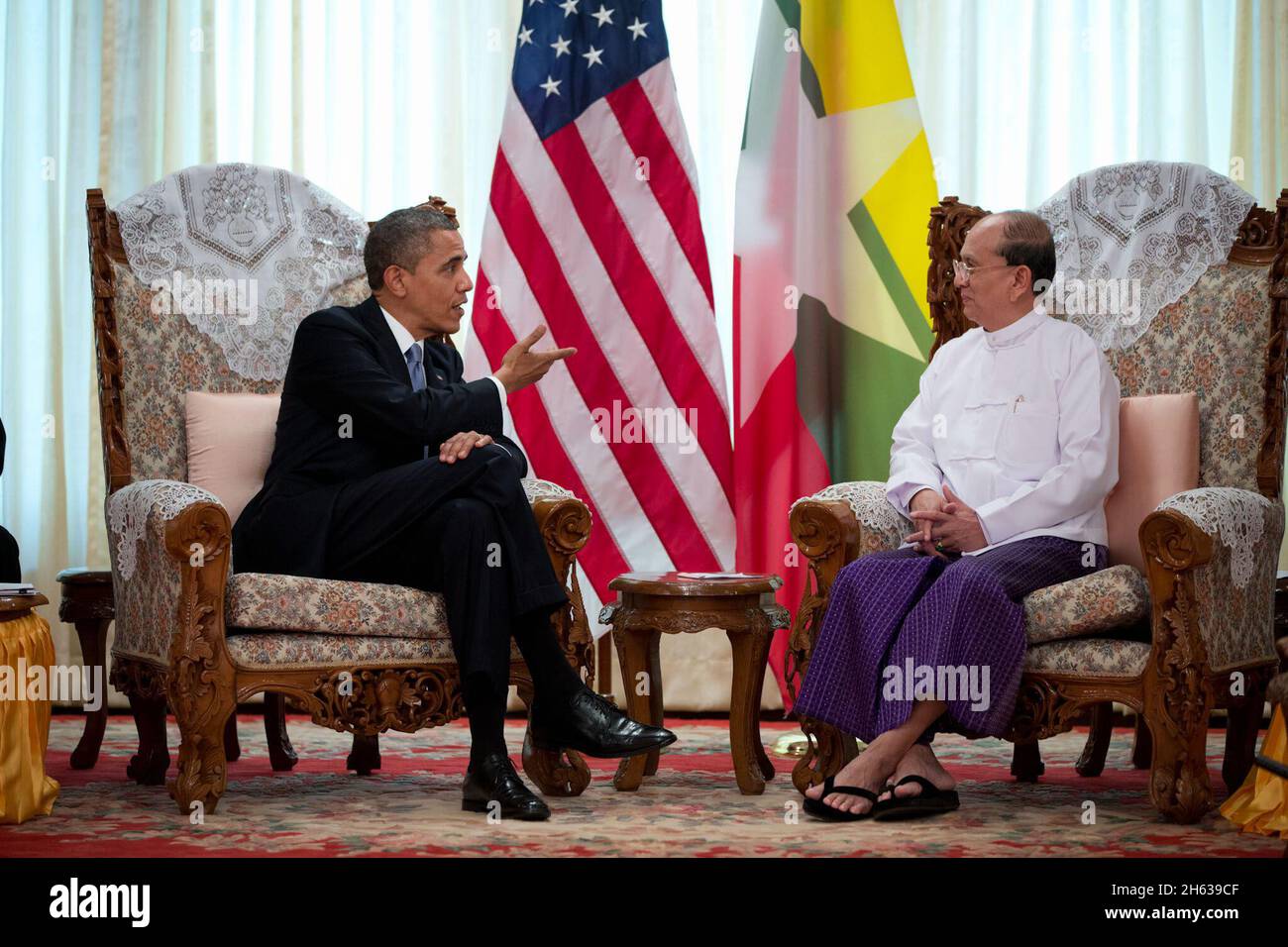 President Barack Obama holds a bilateral meeting with President Thein Sein of Burma at the Burma Parliament Building in Rangoon, Burma, Nov. 19, 2012. Stock Photo