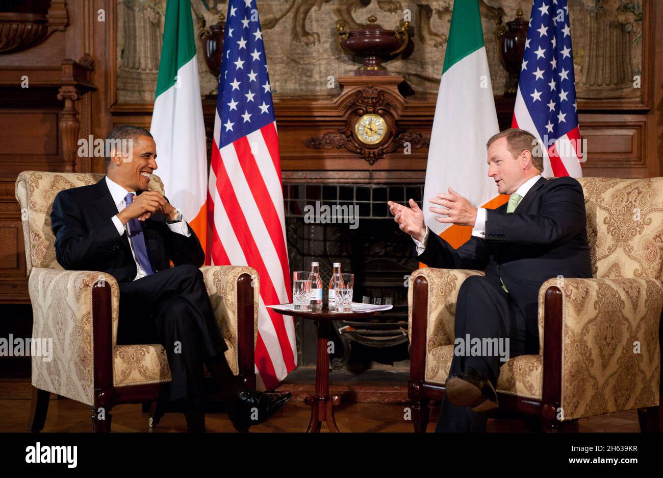 President Barack Obama and Taoiseach Enda Kenny participate in a bilateral meeting in the Dining Room at Farmleigh in Dublin, Ireland, May 23, 2011. Stock Photo