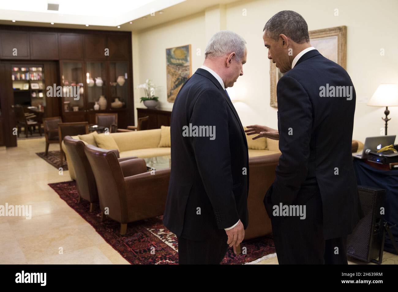 President Barack Obama talks with Israeli Prime Minister Benjamin Netanyahu before a press conference at the Prime Minister’s residence in Jerusalem, March 20, 2013 Stock Photo