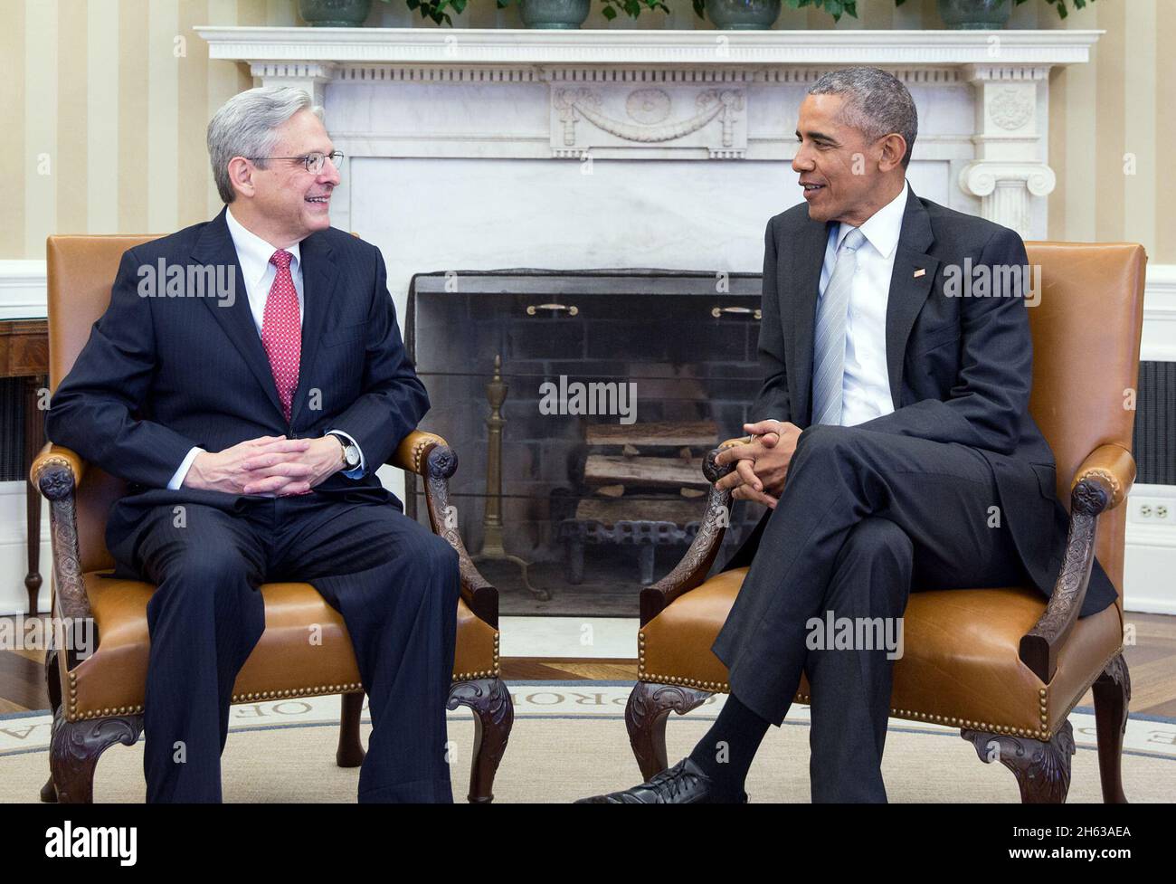 President Barack Obama meets with Judge Merrick B. Garland in the Oval Office, March 9, 2016. Stock Photo
