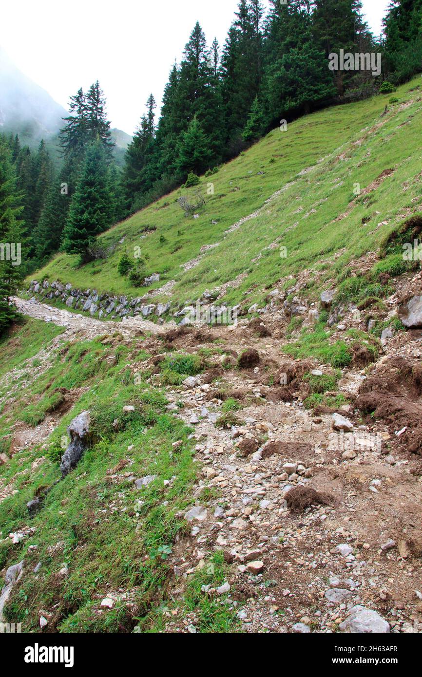 mudslide on the way to the wang alm,spilled,blocked,europe,austria,tyrol,leutasch,leutasch valley,gaistal, Stock Photo