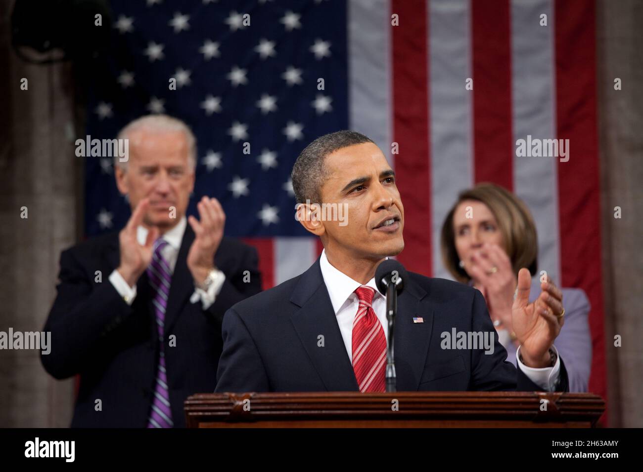 President Barack Obama gives his State of the Union address to a joint session of Congress in the House Chamber of the U.S. Capitol, Jan. 27, 2010. Stock Photo