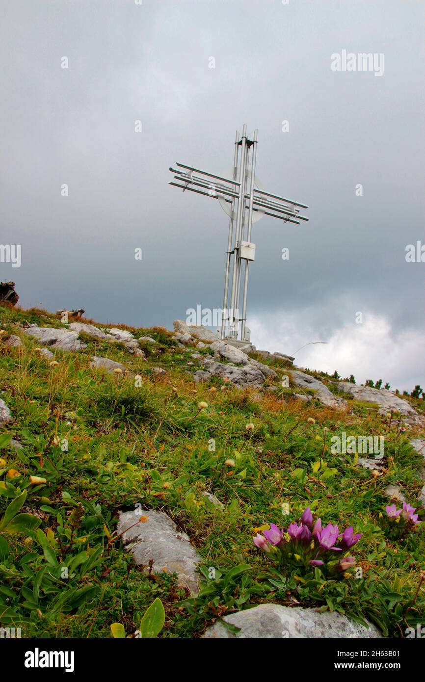 hike to latschberg,(1949) summit cross in front of storm clouds,in the foreground german gentian (gentiana germanica),rofan mountains,brandenberg alps,tyrol,austria Stock Photo