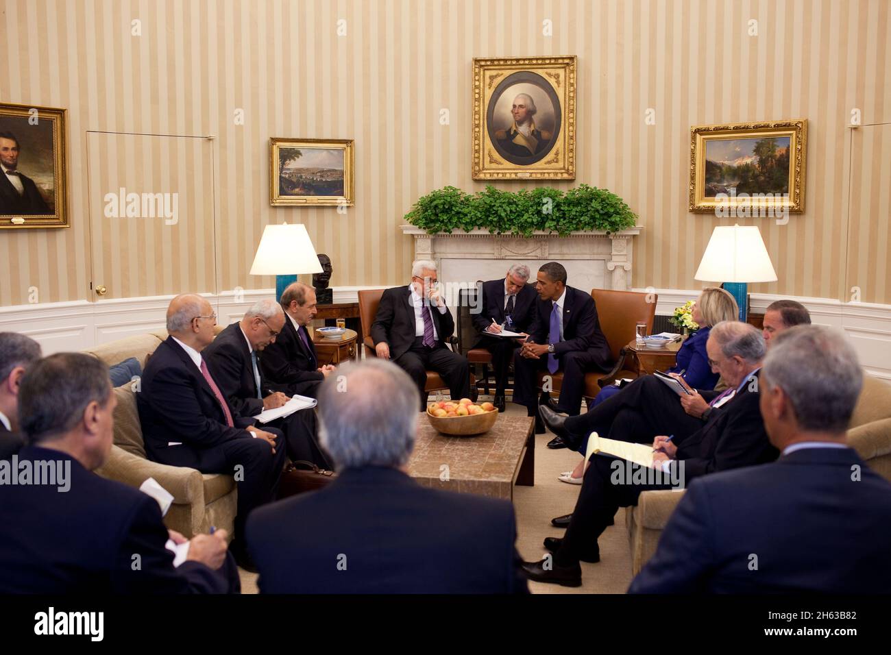 President Barack Obama holds an extended bilateral meeting with President Mahmoud Abbas of the Palestinian Authority in the Oval Office, Sept. 1, 2010. Stock Photo