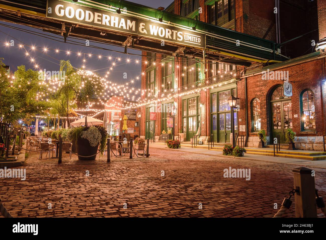 Night view of Trinity street in the old Distillery district in downtown Toronto Stock Photo