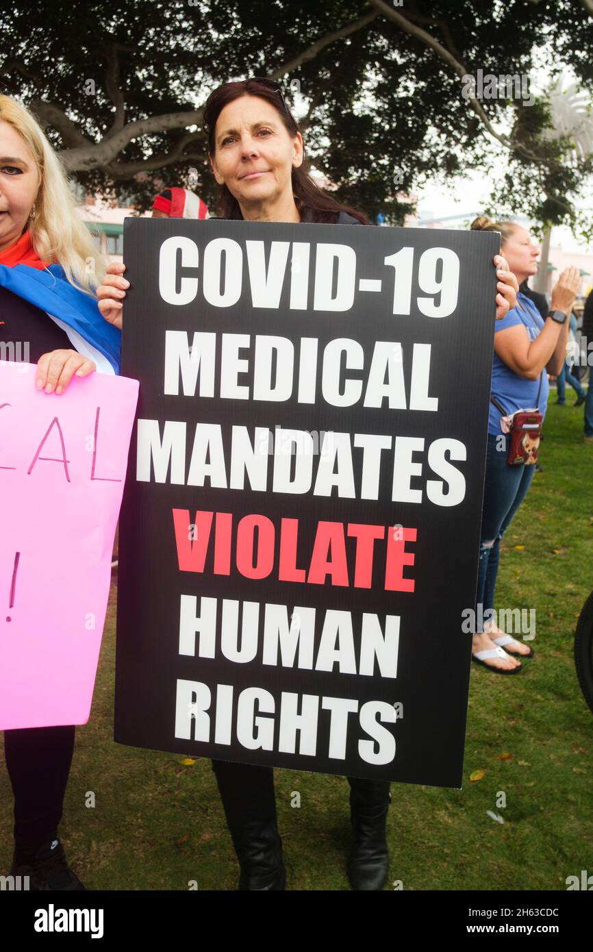 World Wide Walkout protest against forced vaccination. People holding signs for bodily autonomy in Santa Monica at Palisades Park, California, United Stock Photo