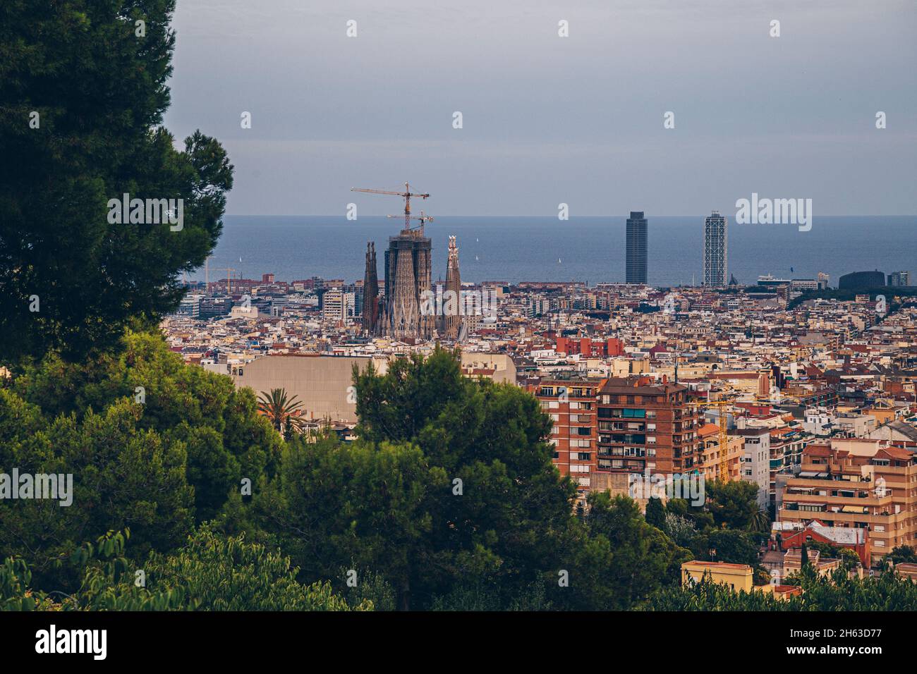 view to downtown barcelona from antoni gaudi's artistic park guell in barcelona,spain. this modernistic park was built between 1900 and 1914 and is a popular tourist attraction. Stock Photo