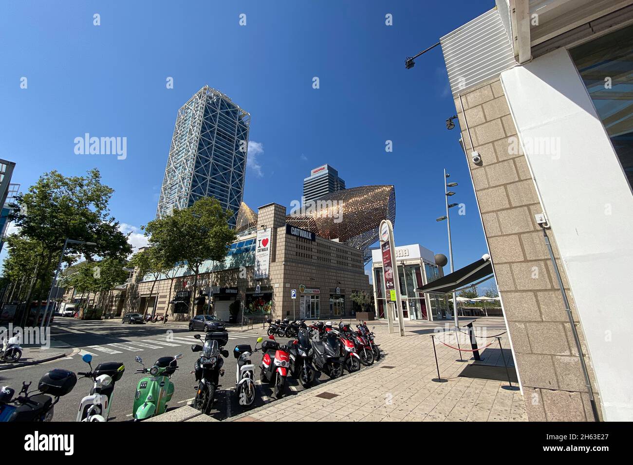 famous peix sculpture gold fish in area of port olympic. barcelona,spain. Stock Photo