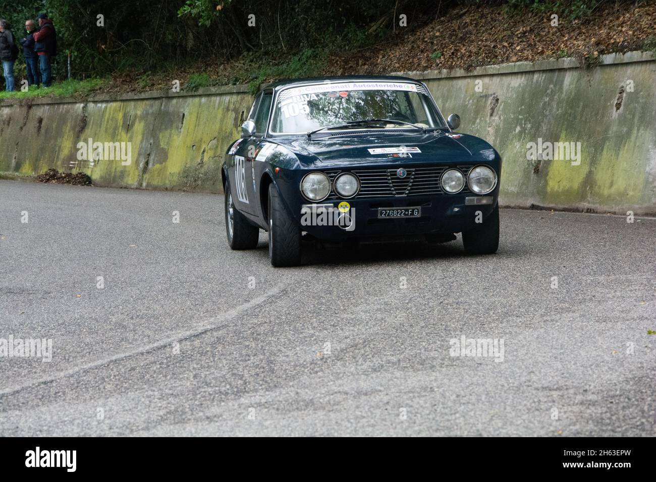 PESA, ITALY - Oct 09, 2021: An Alfa Romeo Junior Scalino on an old racing in rally Stock Photo