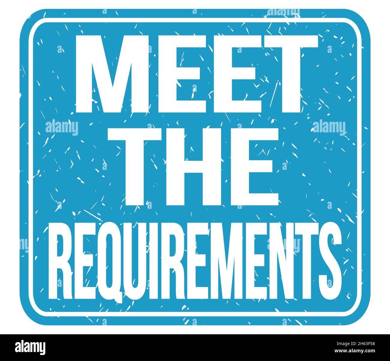 MEET THE REQUIREMENTS, text written on blue stamp sign Stock Photo Alamy