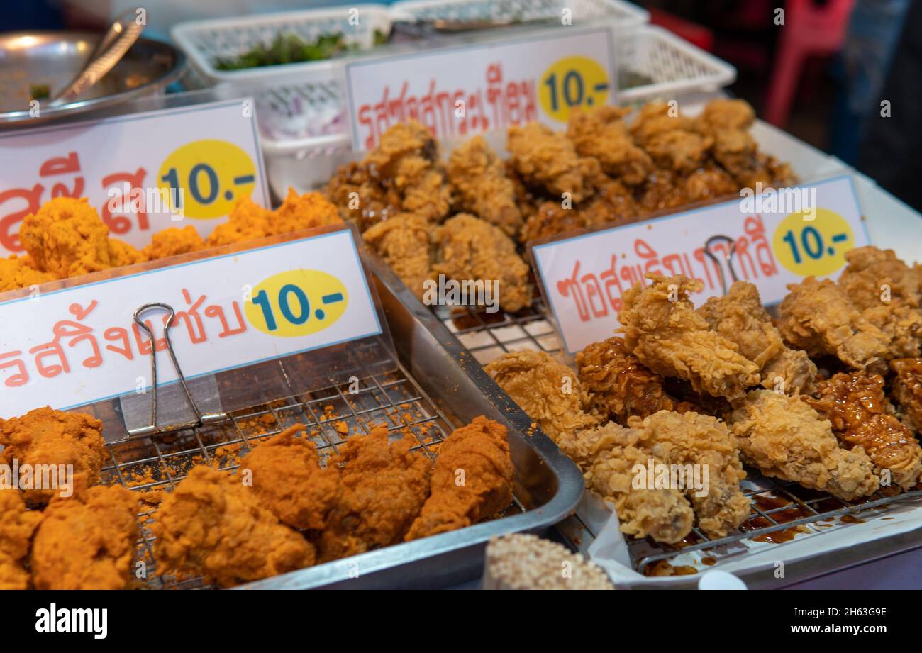 various street food being sold in Northern Thailand street market Stock