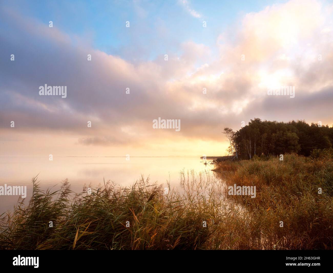 the sunrise on the lagoon is reflected on the smooth water Stock Photo