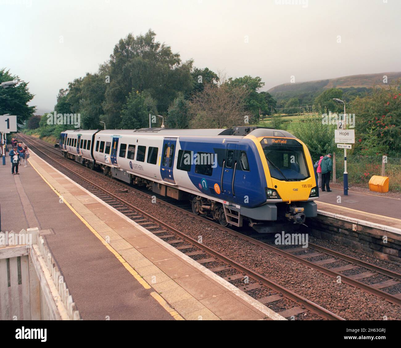 Hope, UK - 18 August 2021: A passenger train (Class 195) operated by Northern at Hope station. Stock Photo