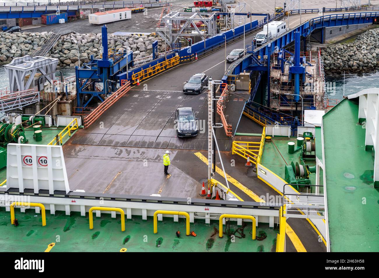 Vehicles loading onto car ferry 'Ulysses' at the Port of Holyhead, North Wales, UK. Stock Photo