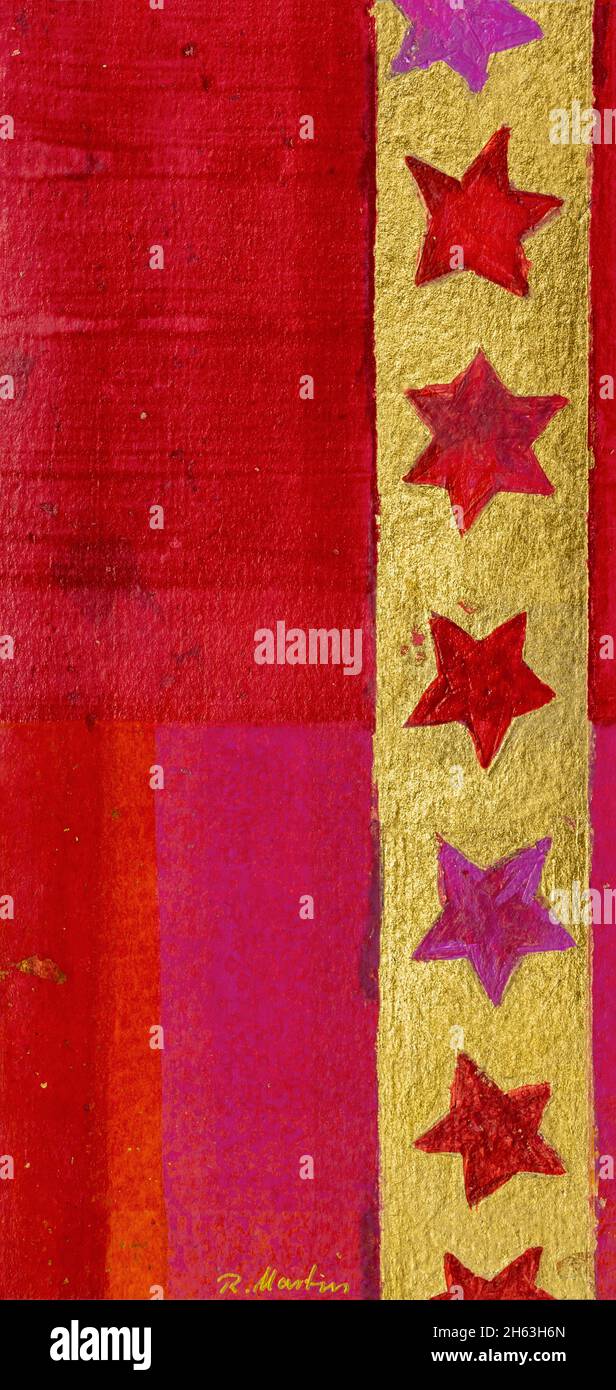 regine martin,painting,acrylic,colored pencil,with gold leaf coating: five red stars. Stock Photo