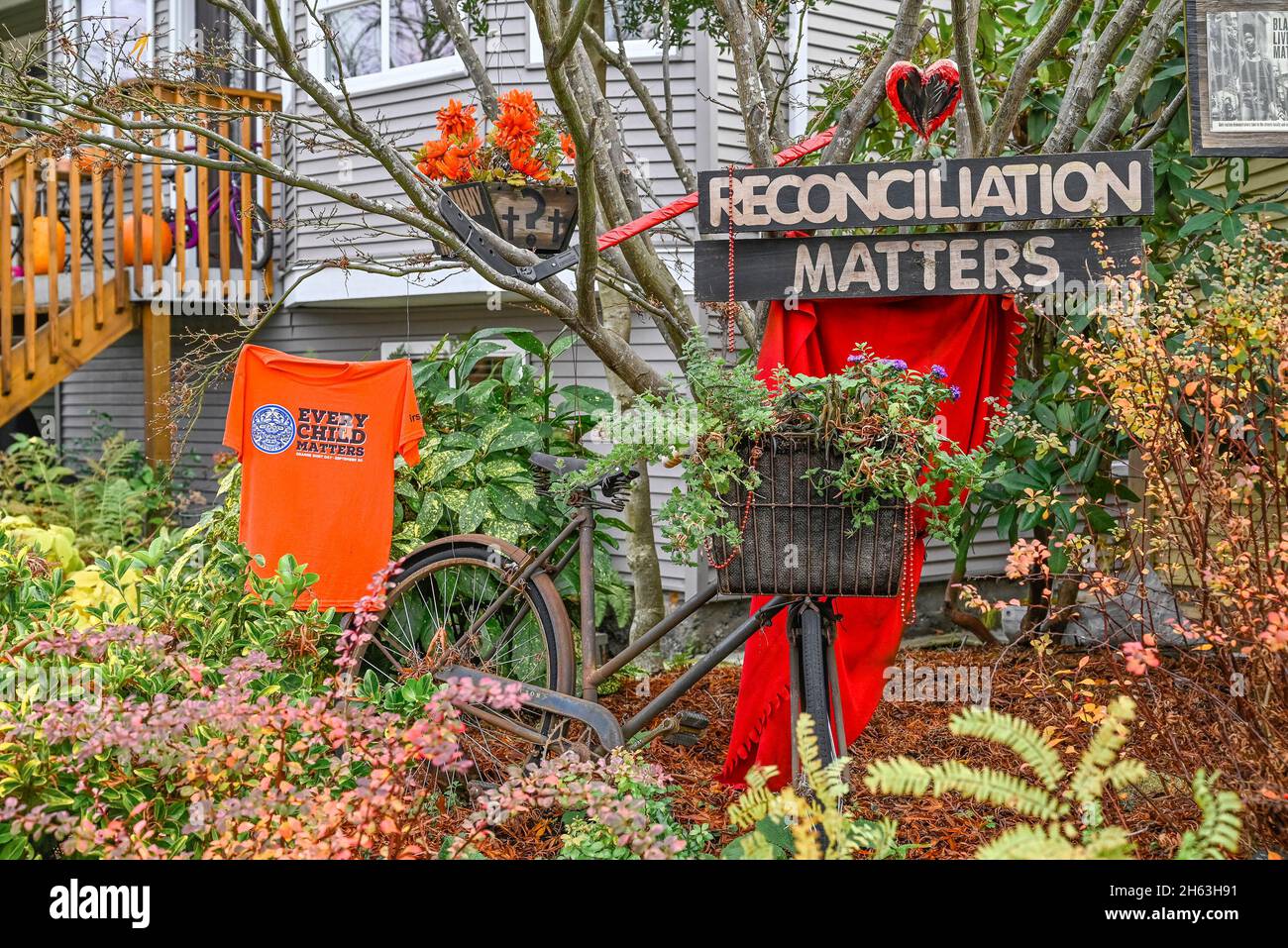 Reconciliation Matters, front yard installation, East Vancouver, British Columbia, Canada Stock Photo