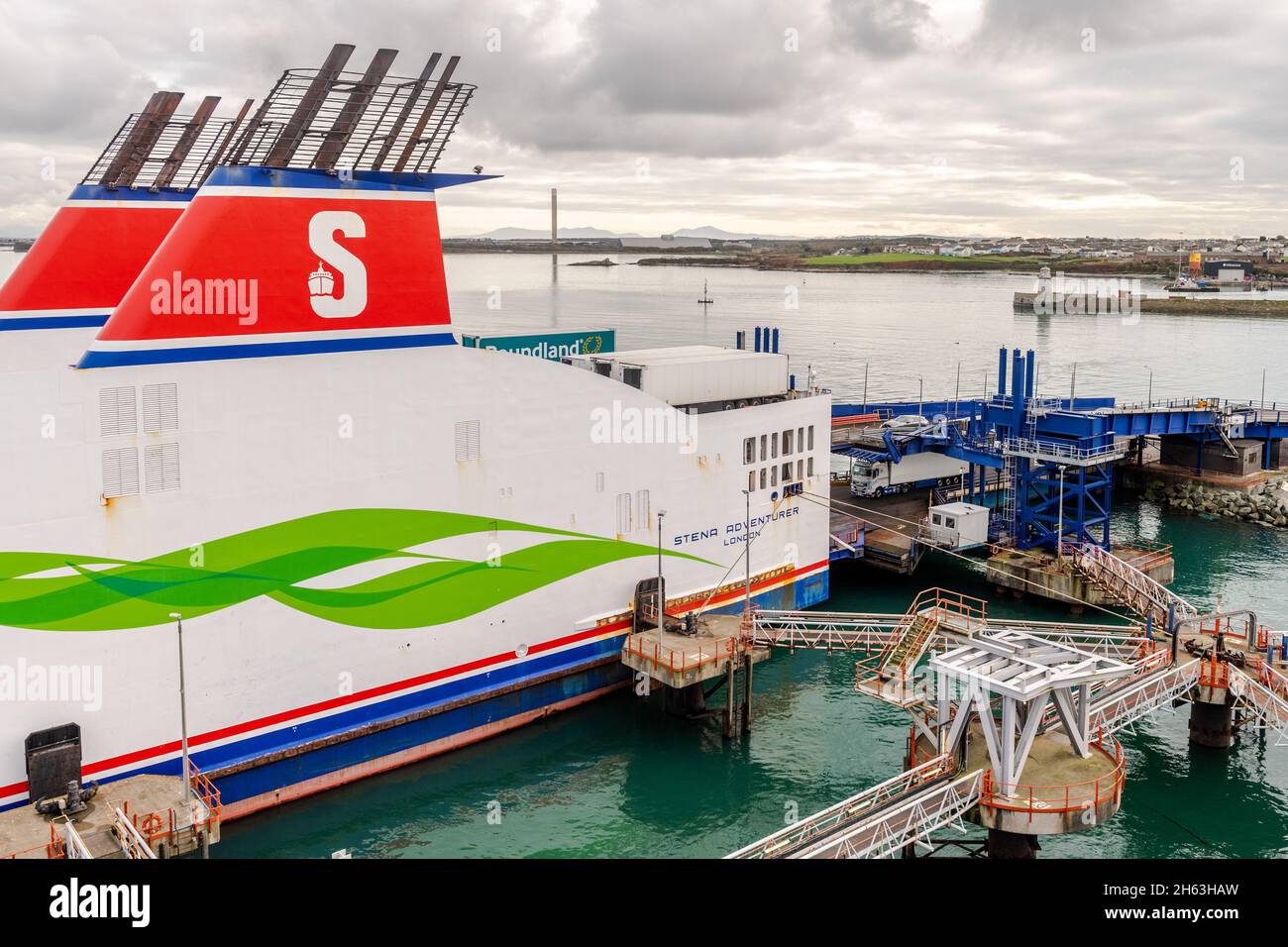 Car ferry 'Stena Adventurer' waits to depart from Holyhead Port, North Wales, UK. Stock Photo