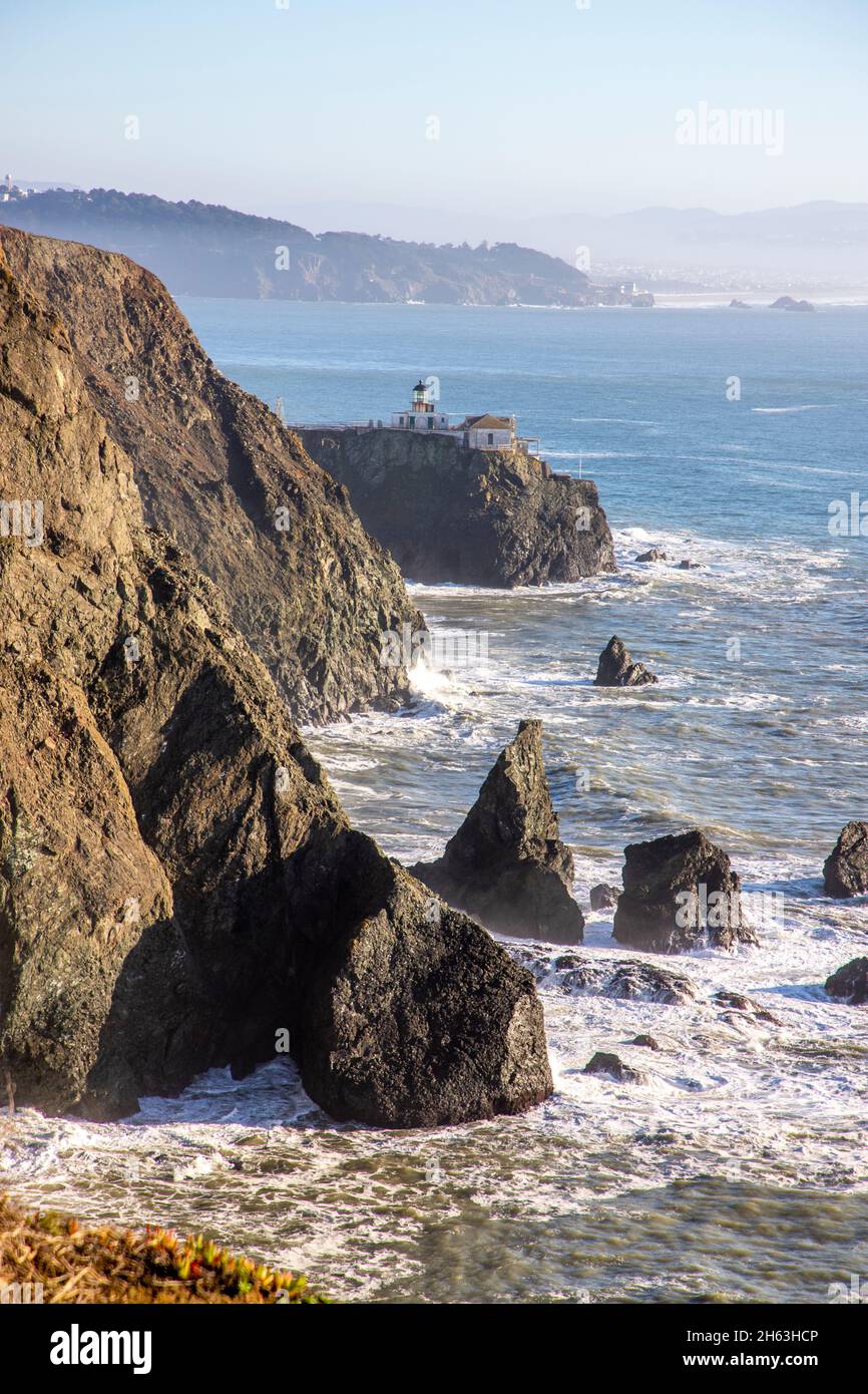 Point Bonita Lighthouse sits on the edge of The Marin Headlands in Northern California. Stock Photo