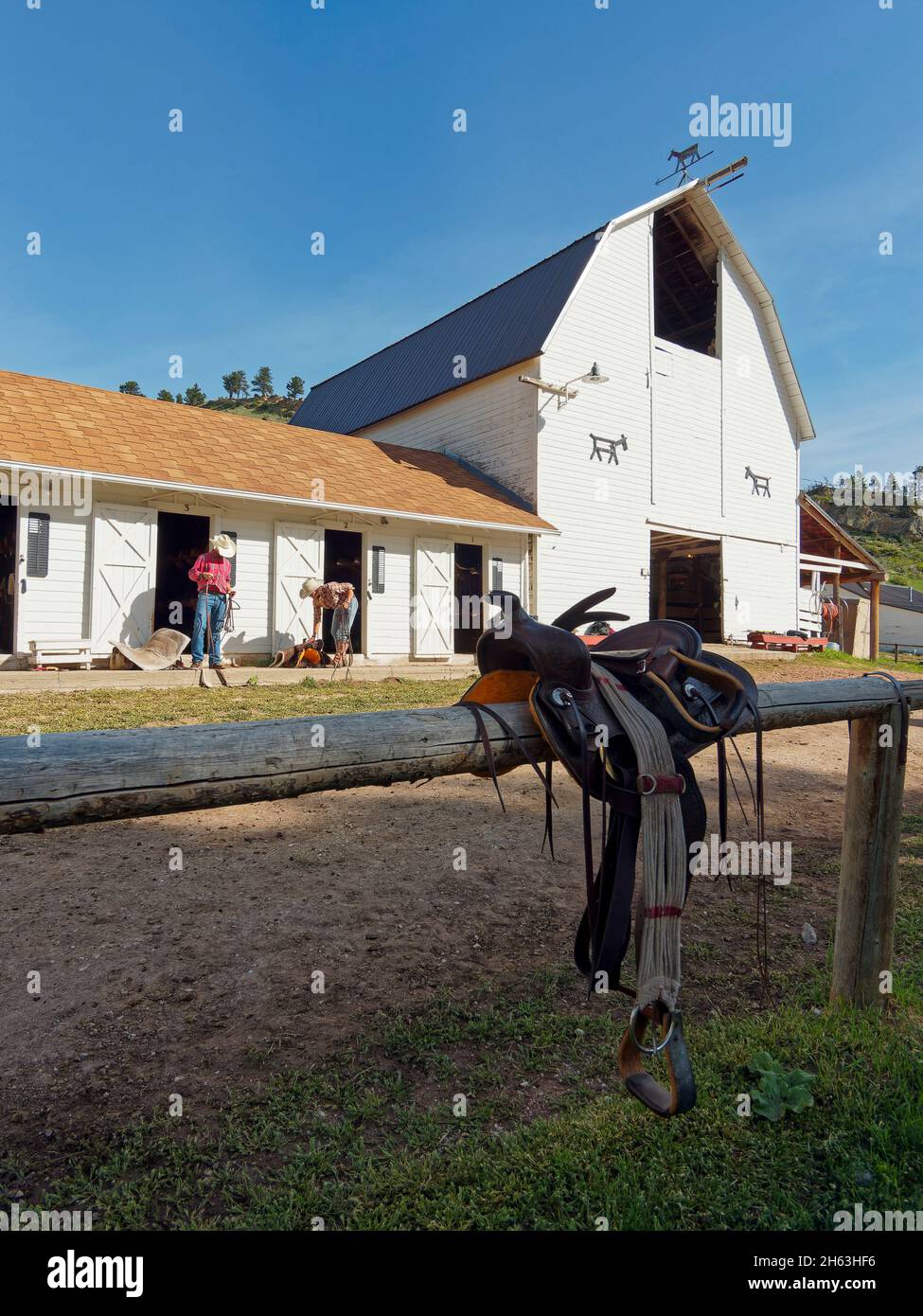american west,saddle and horse barn,usa,wyoming,bighorn mountains,eaton ranch Stock Photo