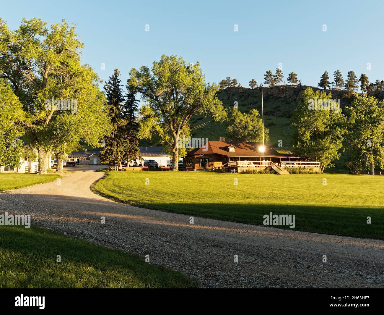 american west,morning sunlight,ranch house,usa,wyoming,bighorn mountains,eaton ranch Stock Photo