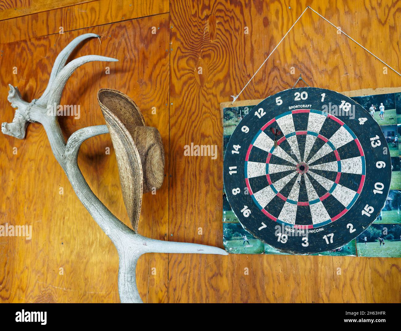 american west,dartboard and elk antler with hat,dude ranch,usa,wyoming,bighorn mountains,eaton ranch Stock Photo