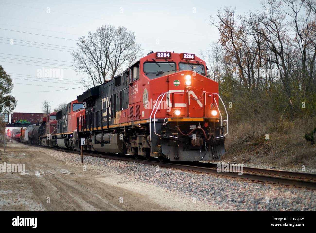 Wayne, Illinois, USA. A pair of Canadian National Railway freight trains meet on separate tracks and operating subdivisions. Stock Photo