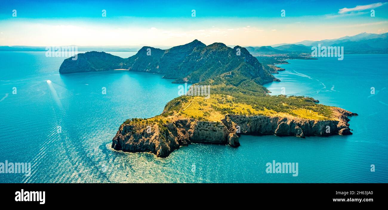 aerial view,cap de pinar peninsula,restricted area,s'esgleieta,son espanyol,mallorca,balearic island,balearic islands,baleares,spain Stock Photo