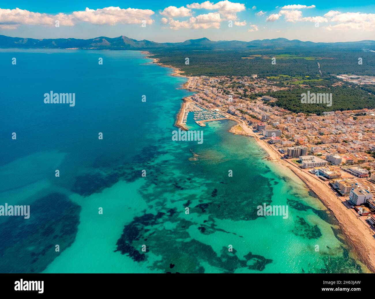 aerial view,marina and sandy beach of can picafort,illes balears,mallorca,balearic island,balearic islands,baleares,spain Stock Photo