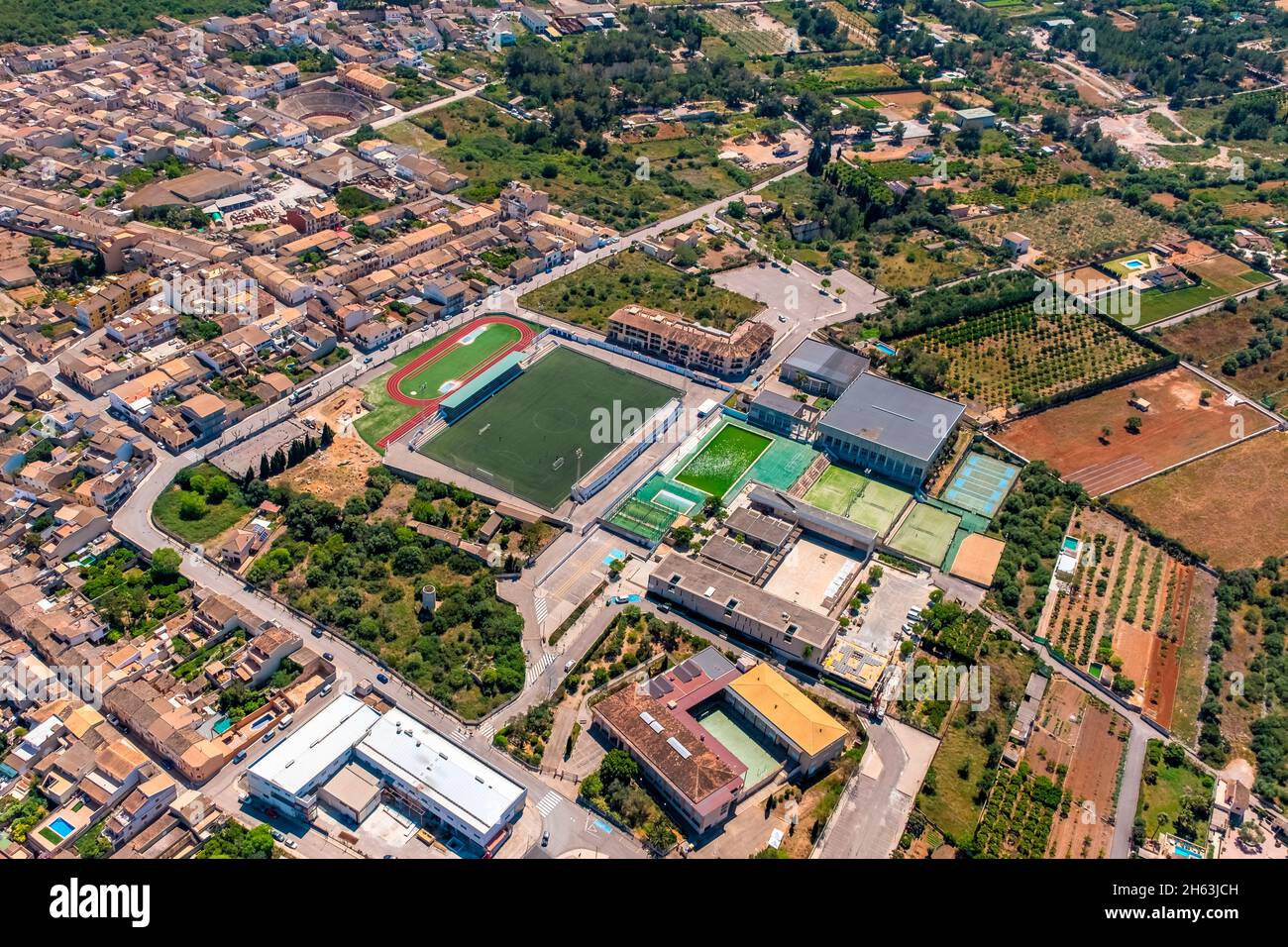 aerial view,sports center camp de futbol de muro,school ceip guillem ballester i cerdó,muro,mallorca,balearic islands,spain Stock Photo