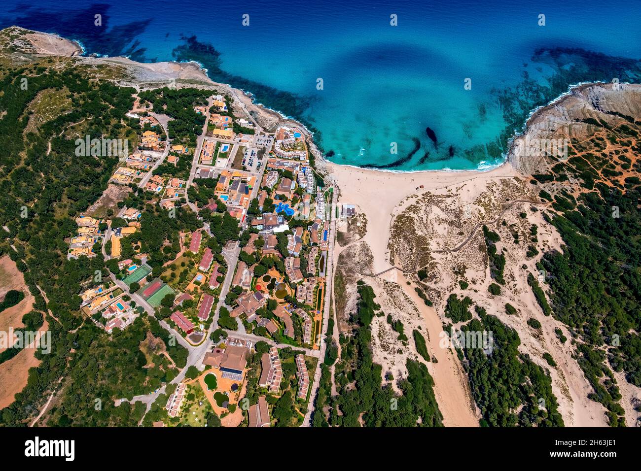 aerial view,dunes and natural beach cala mesquida,bay and holiday development mesquida,mallorca,balearic islands,spain Stock Photo