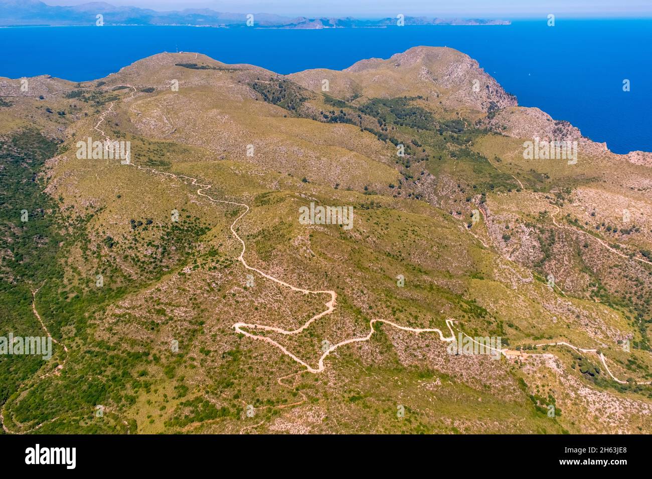 aerial view,hiking trails serpentines in parc natural de la península de llevant at cap de farrutx,artà,mallorca,balearic islands,spain Stock Photo