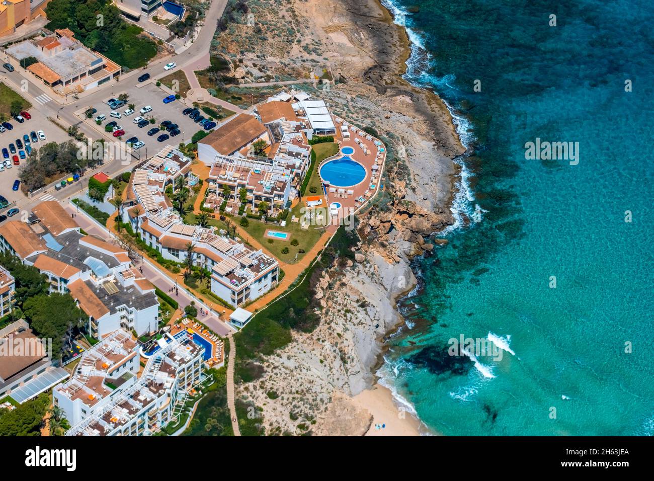 aerial view,natural beach cala mesquida,bay and holiday development mesquida,mallorca,balearic islands,spain Stock Photo