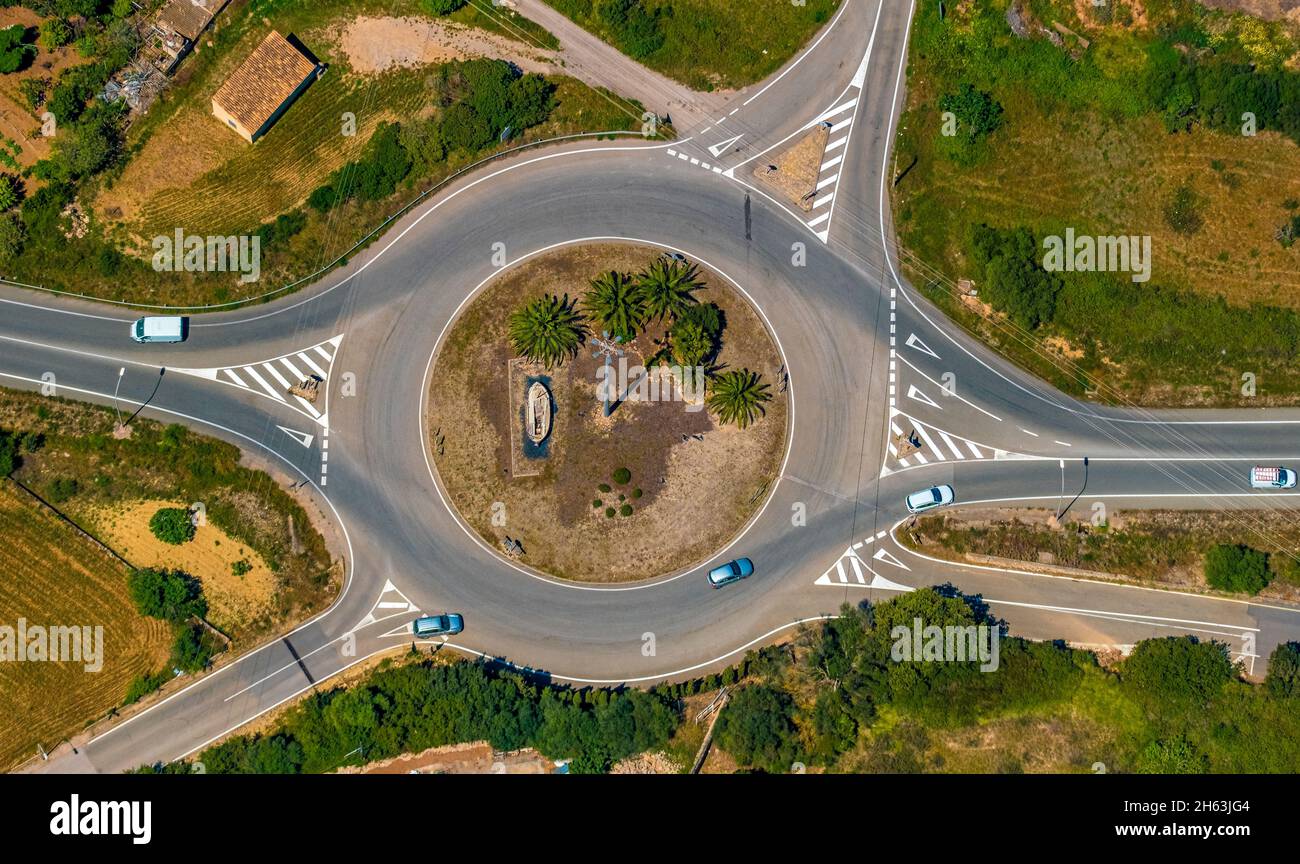 aerial view,roundabout carrer major,carrer nord,road ma-15,capdepera,balearic islands,mallorca,spain Stock Photo