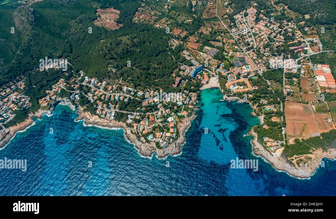 aerial view,playa n'aladern beach in the bay of font de sa cala,hotel alua soul carolina,capdepera,europe,mallorca,balearic islands,spain Stock Photo