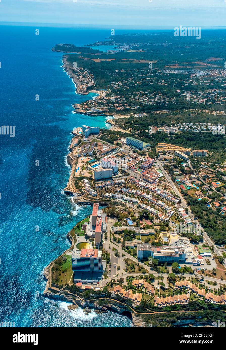 aerial view,coast and hotel complexes in cales de mallorca,balearic islands,majorca,spain Stock Photo
