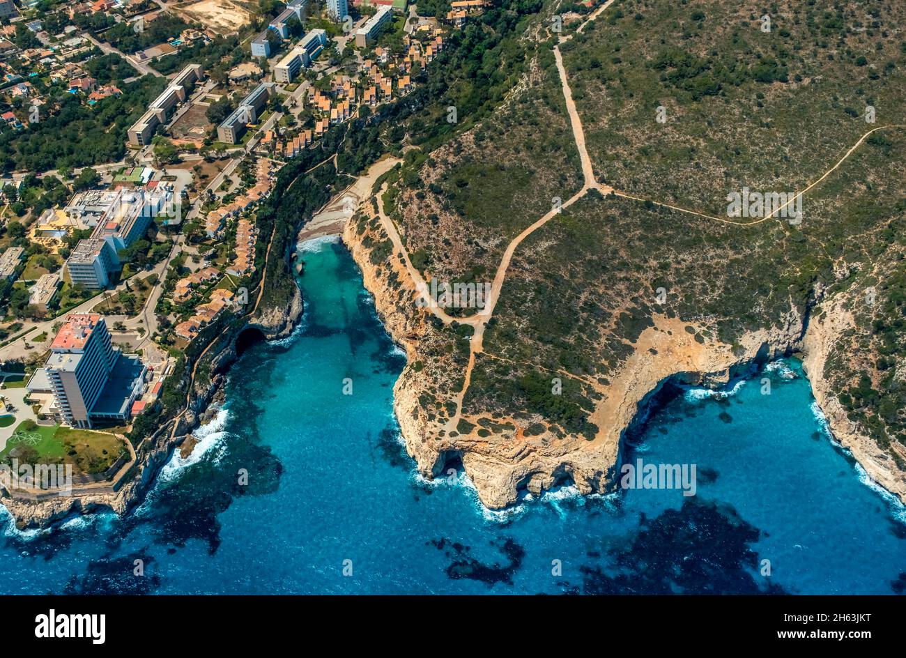 aerial view,rocky coast at cala antena beach with hotel complexes,manacor,mallorca,europe,balearic islands,spain Stock Photo
