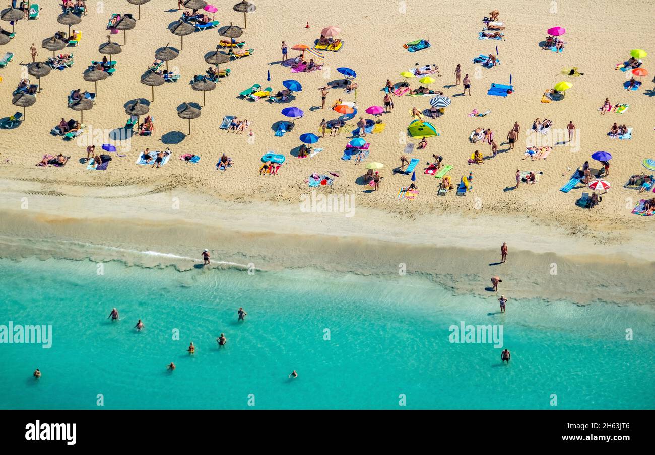 aerial view,beach life and sunbathing with parasols,las maravillas,palma,mallorca,balearic islands,spain Stock Photo