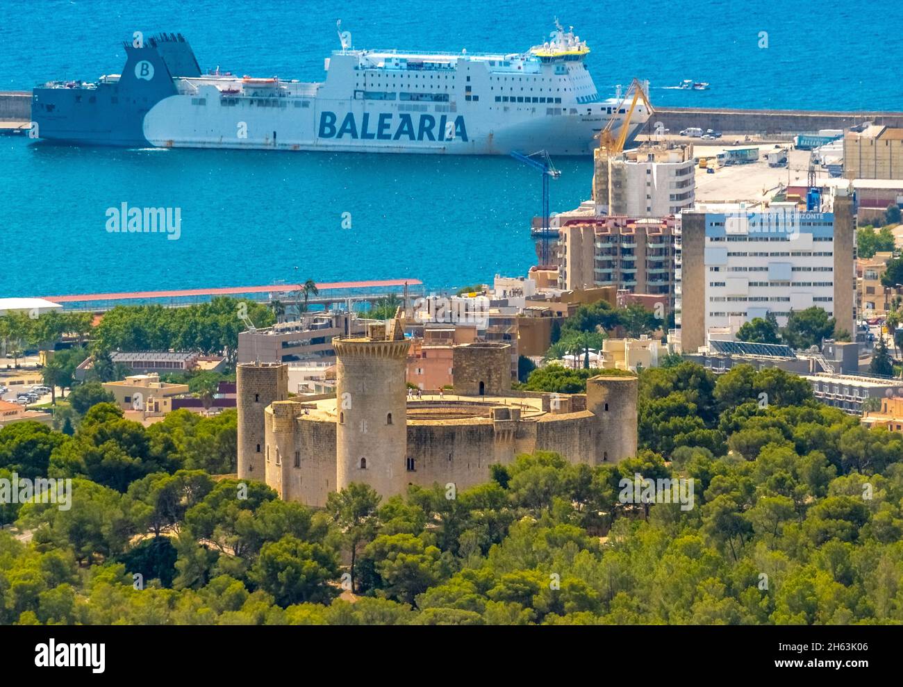 aerial view,round castle castell de bellver,ferry balearia in the harbor,palma,mallorca,balearic islands,spain Stock Photo