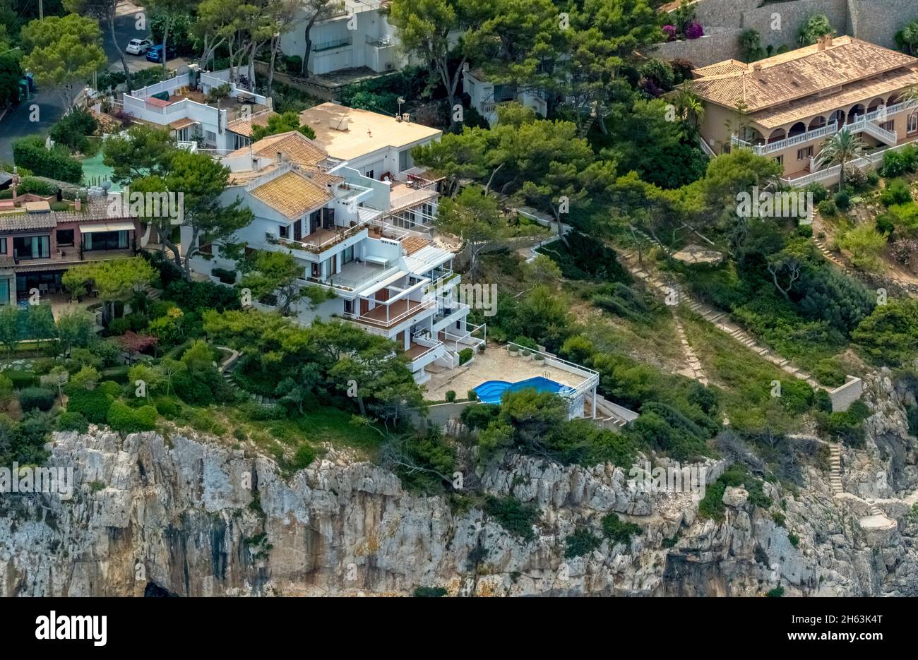 aerial view,terraced holiday complex apartments on the coast in santa ponça,calvià,mallorca,balearic islands,spain Stock Photo