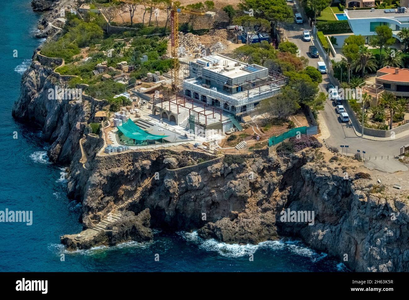 aerial view,construction site mirador las malgrats on the rocky coast,santa ponça,calvià,mallorca,balearic islands,spain Stock Photo